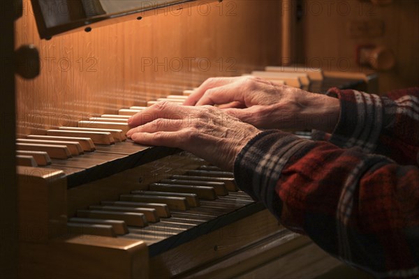 Old Hands of an organist playing on the organ keyboard also called manual, traditional musical instrument in the church, copy space, selected focus, narrow depth of field