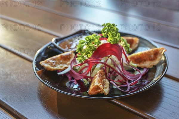 Deep fried gyoza with salad and sauce served as appetizer on a black plate, Asian dish on a wooden table, copy space, selected focus, very narrow depth of field