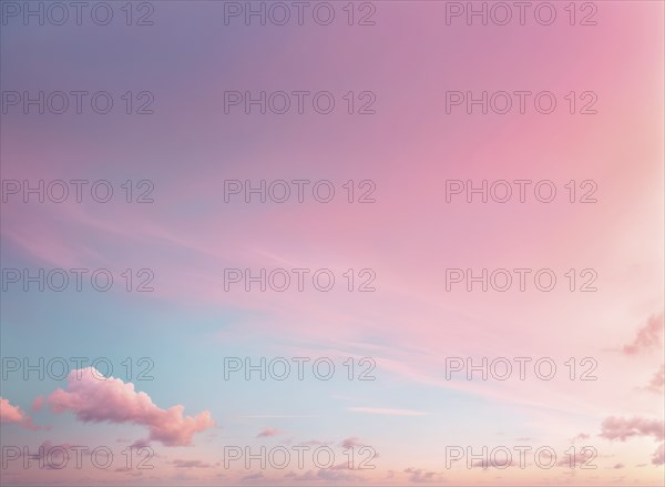 A serene sky at sunset with a gradient of pink and purple hues and a few scattered clouds, AI generated
