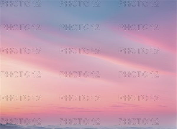 Serene gradient sky with pastel pink and blue colors above distant mountains, AI generated