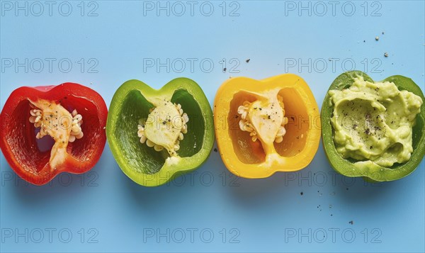 Sliced bell peppers with guacamole on a light blue background AI generated