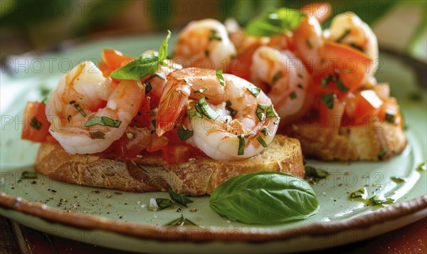 Shrimp and tomato bruschetta on a pastel green plate AI generated
