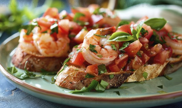 Shrimp and tomato bruschetta on a pastel green plate AI generated