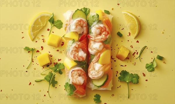 Shrimp and mango summer rolls with peanut sauce on a light yellow background AI generated