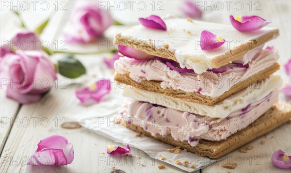 Rose petal ice cream sandwich on a light wooden background AI generated