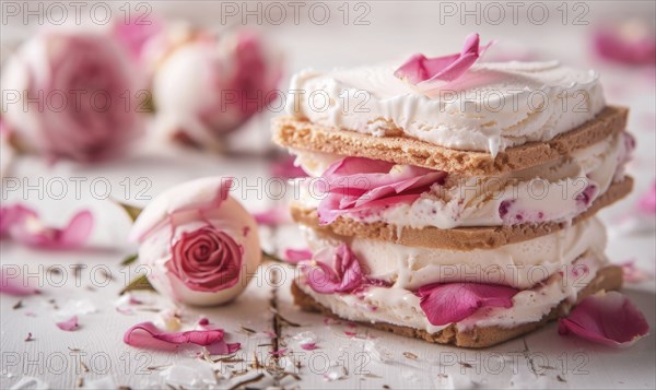 Rose petal ice cream sandwich on a light wooden background AI generated