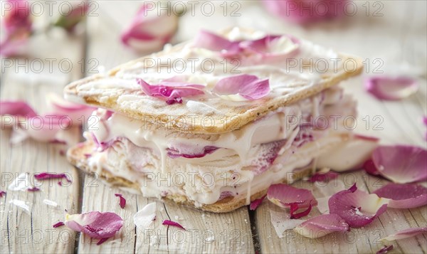 Rose petal ice cream sandwich on a light wooden background AI generated