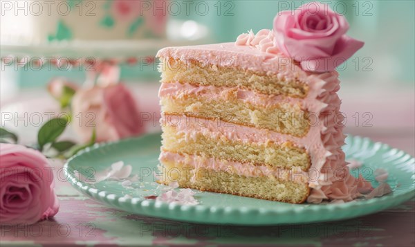 Rose and lemon cake with rose frosting on a pastel green plate AI generated