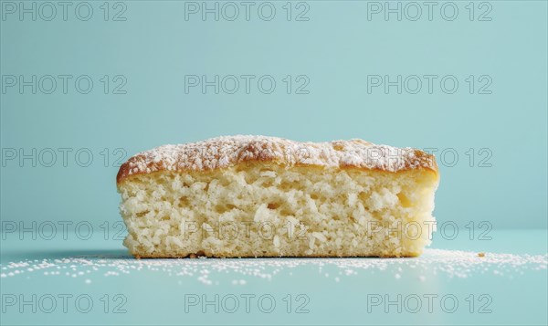 Italian torta di riso on a light blue background, rich AI generated