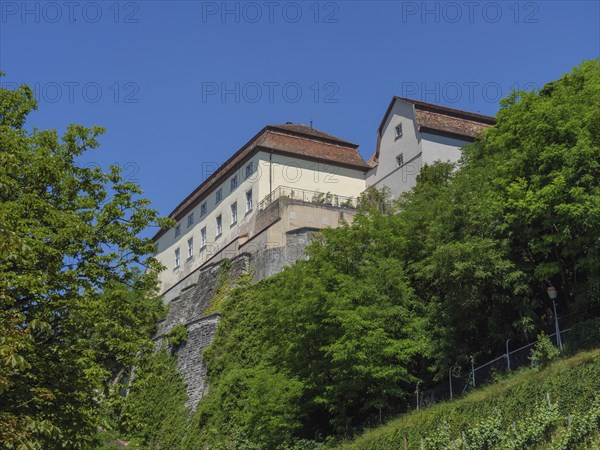 Large castle on a hill surrounded by dense green trees and sunny skies, Meersburg, Lake Constance, Germany, Europe