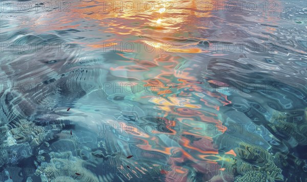 Close-up of water surface reflecting the colors of the sunset, creating a serene and colorful atmosphere AI generated