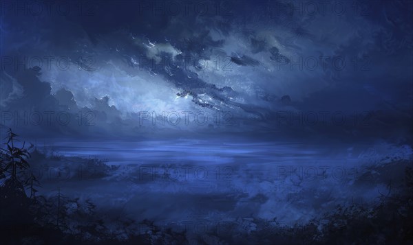 Painting of a foggy night sky with low-lying stratus clouds AI generated