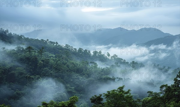 Hazy sky and thin layers of clouds, mist in the mounts AI generated