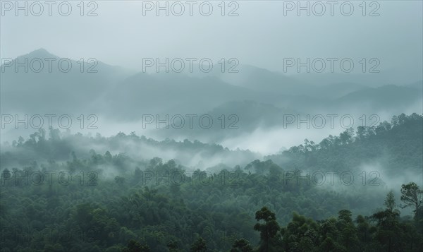 Hazy sky and thin layers of clouds, mist in the mounts AI generated