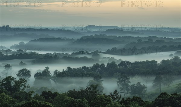 Hazy sky and thin layers of clouds, mist in the mounts AI generated
