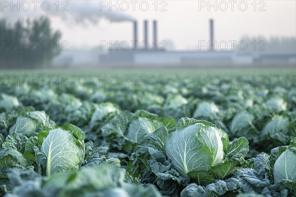 Agricultural field with growing cabbage and factory with fumes in blurry background. Generative Ai, AI generated