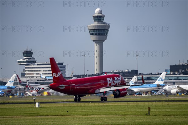 Play Airbus A320-251N, Iceland, aircraft landing at Amsterdam Schiphol Airport, Buitenveldertbaan, 09/27, Air Traffic Control Tower, Terminal, Netherlands, Europe