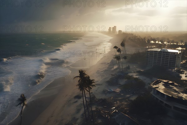 Aerial view of apocalyptic hurricane scene at a destroyed beach resort, AI generated