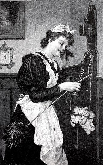 Maid using the telephone on 1 January for a New Year's greeting, illustration from 1895, Germany, Historical, digital reproduction of an original from the 19th century, Europe