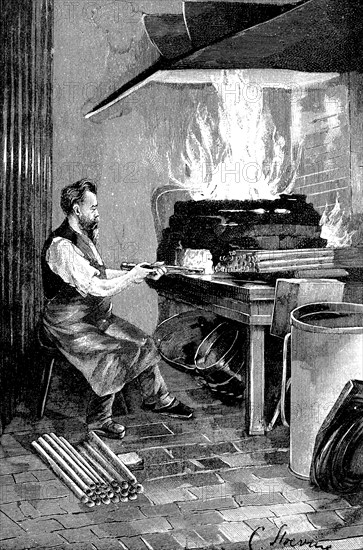 Metalworking, Man working at the brazing furnace, Illustration from 1880, Germany, Historical, digital reproduction of an original from the 19th century, Europe
