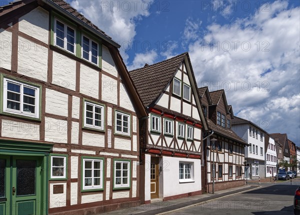 Half-timbered houses in Schulstrasse in the centre of Holzminden. Weserbergland, Lower Saxony, Germany, Europe