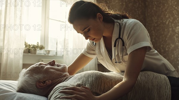 A nurse with a stethoscope tends to an elderly man in a warmly lit room, exuding care and compassion, AI generated