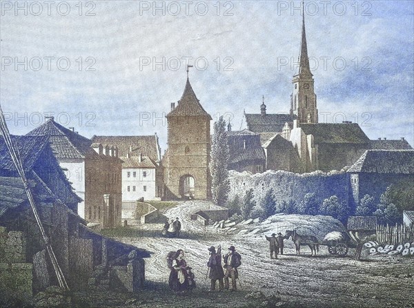 Historical view, 19th century, of the city of Pilsen with the Sachsentor, formerly Bohemia, Germany, today Plzen, Czech Republic, digitally restored reproduction from a 19th century original, Record date not stated, Europe