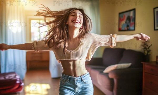 Young lady dancing at home. Concept of authentic unscripted expression of joy and happiness, AI generated