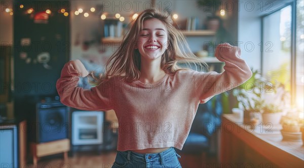 Young lady dancing at home. Concept of authentic unscripted expression of joy and happiness, AI generated