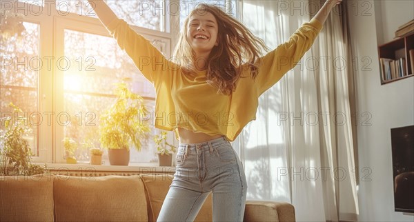 Young lady dancing at home. Concept of authentic unscripted expression of joy and happiness, AI generated