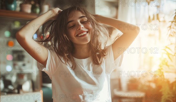 Young lady dancing at home. Concept of authentic unscripted expression of joy and happiness, AI generated