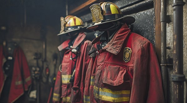 Fireman and first responders uniform at the fire station ready to extinguish fires, AI generated
