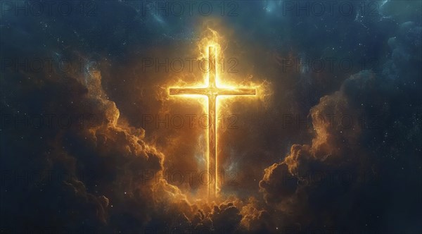 Christian cross is burning in the sky, a symbol of strong enduring religion, faith and miracles, AI generated