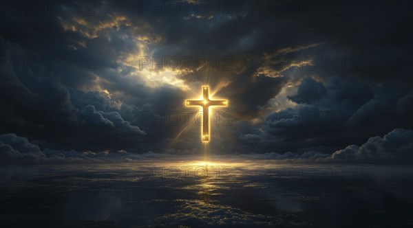 Christian cross is burning in the ocean, a symbol of strong enduring religion, faith and miracles, AI generated