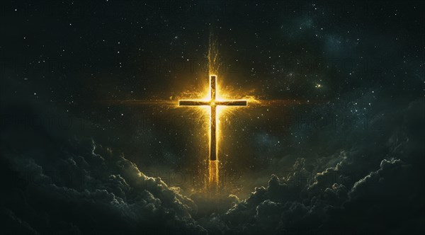 Christian cross is burning in the sky, a symbol of strong enduring religion, faith and miracles, AI generated
