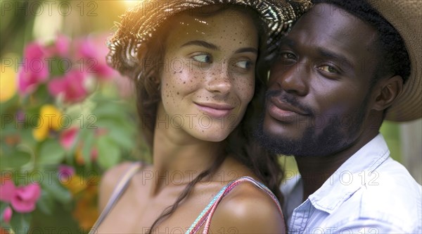Portrait of a man and a woman hugging each other. Diverse interracial relationship, young couple, AI generated