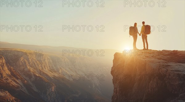 A couple is standing on a mountain top. Concept of success and achievement in life and business, AI generated