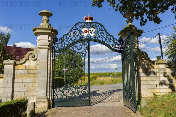 Proschwitz Castle is a castle in the neo-baroque style in the Meissen district of Proschwitz, which is connected to Saxony's oldest existing private winery in Proschwitz. Since 2021, the vinotheque has been located in the old servants' house at Proschwitz Castle. Entrance portal, Meissen, Meissen, Saxony, Germany, Europe