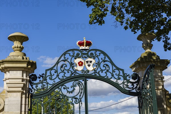 Proschwitz Castle is a castle in the neo-baroque style in the Meissen district of Proschwitz, which is connected to Saxony's oldest existing private winery in Proschwitz. Since 2021, the vinotheque has been located in the old servants' house at Proschwitz Castle. Entrance portal, Meissen, Meissen, Saxony, Germany, Europe