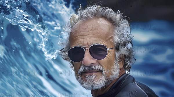 Symbolic photo of a beach holiday, a man with sunglasses, grey beard and longer hair in his prime, standing on a beach, in the background a lapping turquoise sea wave, AI generated, AI generated