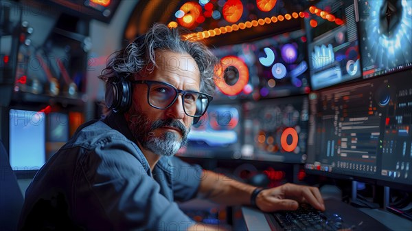A grey-haired IT expert with glasses, grey hair and a full beard, sitting at his keyboard and several monitors, AI generated, AI generated