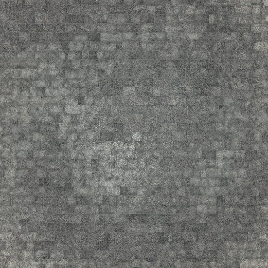 An abstract gray mosaic pattern consisting of numerous small square tiles creating a textured surface