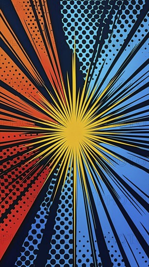 Dynamic comic-style image with a central yellow starburst surrounded by orange and blue halftone patterns, AI generated