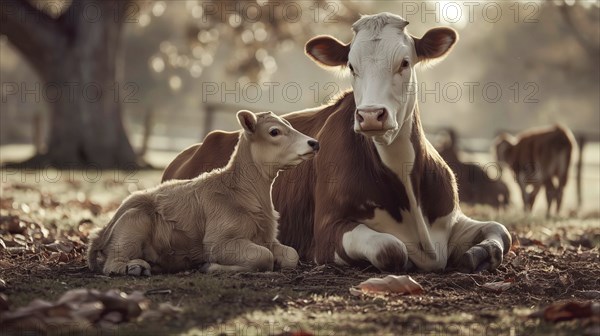 A cow and a calf rest together in an autumnal meadow, emphasising the peaceful society that AI creates, AI generates