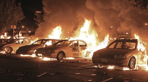 Multiple cars intensely burning in a row during the night, illuminating the surroundings in flames, AI generated