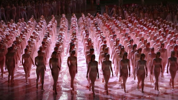 Crowd of performers in red-lit costumes, standing in perfect symmetry at a stadium, AI generated
