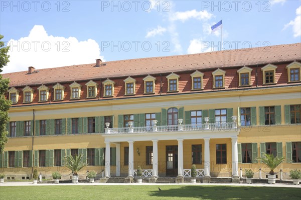 Classicist castle with arcade and shutters, yellow, green, Sondershausen, Thuringia, Germany, Europe