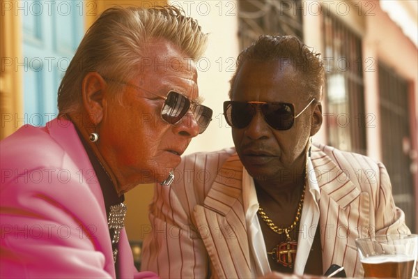 Two elderly men wearing stylish suits and sunglasses have an intense conversation over drinks at a vibrant urban cafe under daylight, AI generated