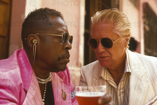 Two elderly men in contrasting suits share a conversation over a drink at an urban cafe, showcasing camaraderie and a casual atmosphere, AI generated