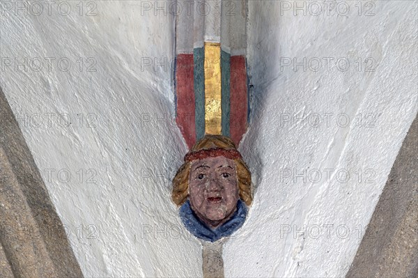 Self-portrait of the master builder Michel Schin, console stone in St Martin's Church, Plieningen, Baden-Württemberg, Germany, Europe
